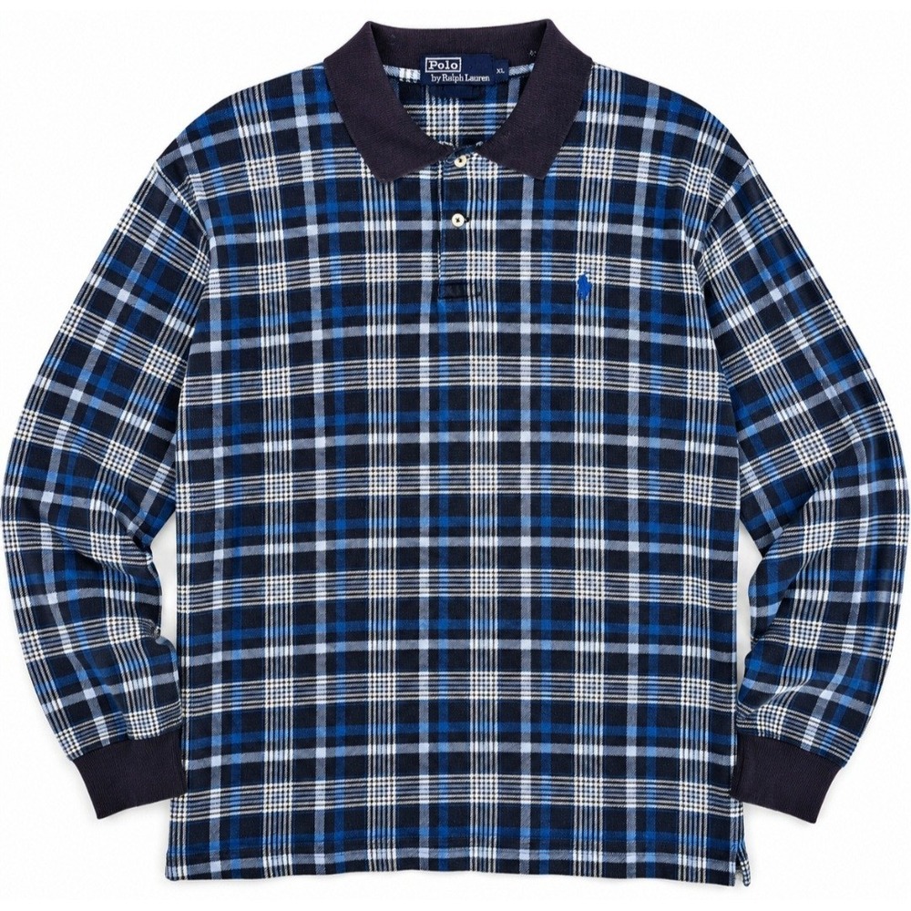 Vintage 90s Polo Ralph Lauren Long Sleeve Polo Shirt Men's Blue Tartan Plaid